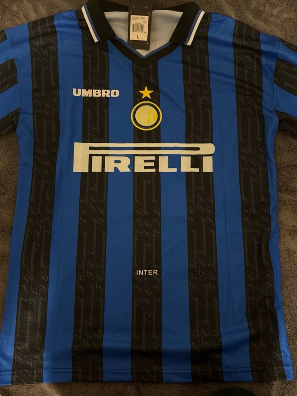 Umbro Inter Men's Blue and Black Striped Football Jersey